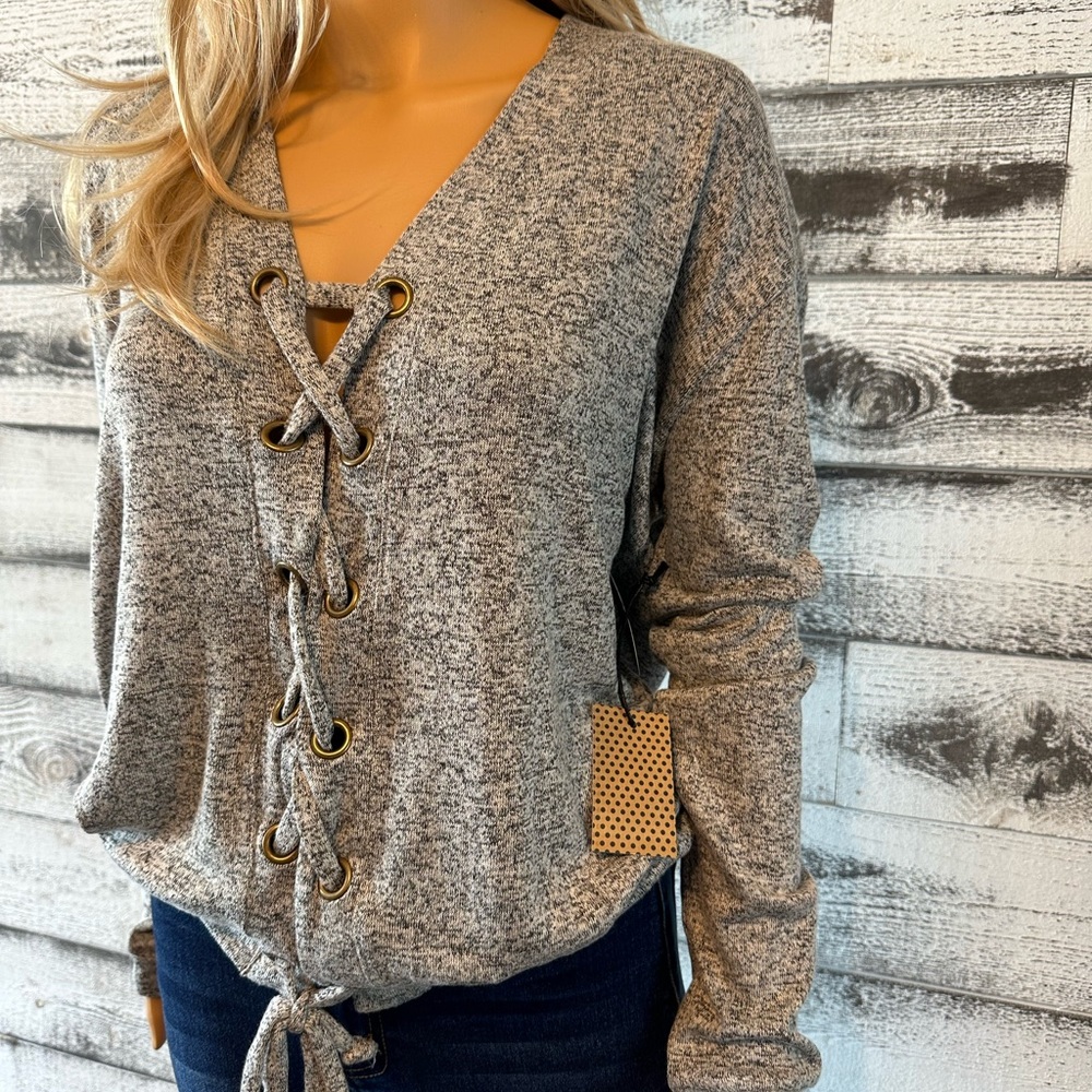 Jade gray lace up knit sweater top - Picture 5 of 7